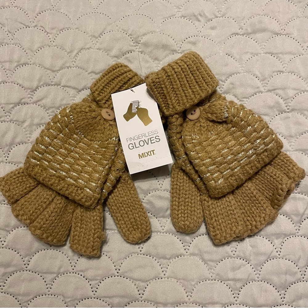 Knitted Fingerless Gloves or Mittens, Tan with Metallic Silver, NWT!